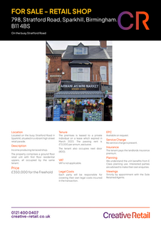 Retail property (high street) for sale, 798 Stratford Rd Birmingham B11 4BP