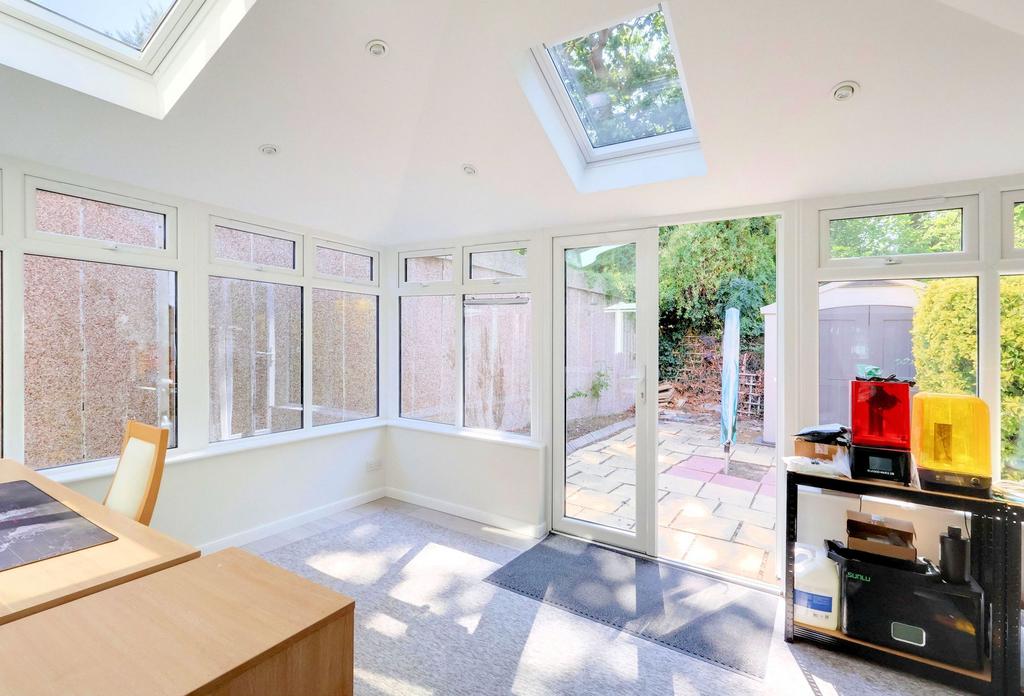Conservatory interior, conservatory, french doors leading to garden