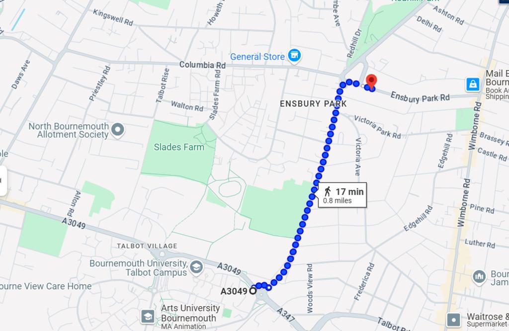 Ensbury Park Walk Distance to Uni