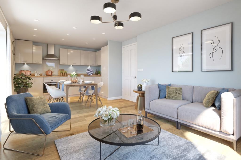 Internal CGI of the open plan lounge, kitchen and diner in the Hornsea Apartment at Ladden Garden Vi