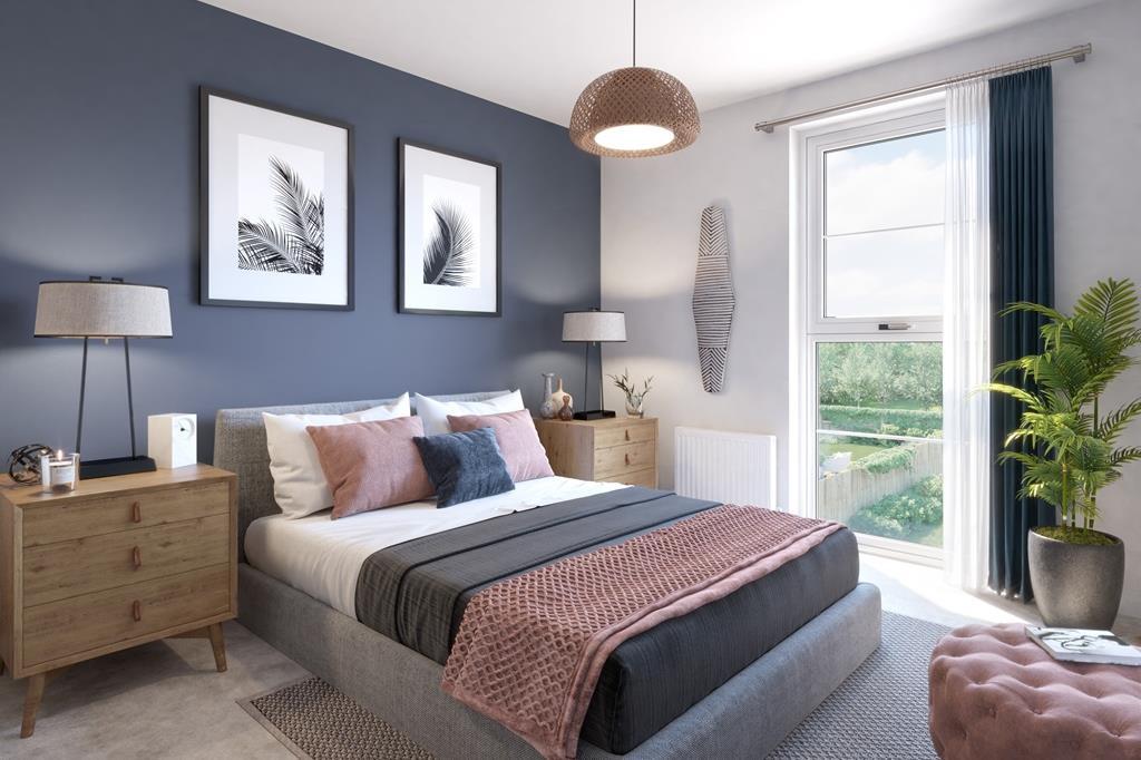 Internal CGI of the Bedroom 1 in the Hornsea Apartment at Ladden Garden Village, Yate.