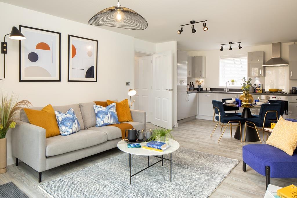 Inside view of the Coleford open plan lounge/kitchen area. 2 bed apartment.